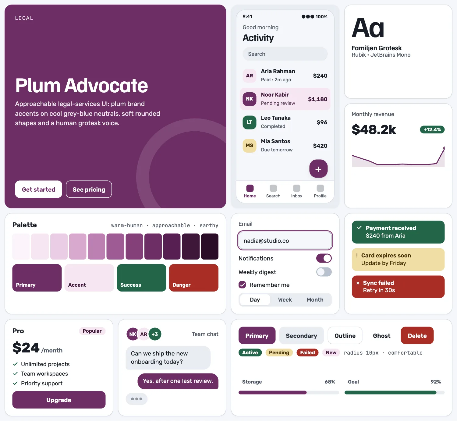 Plum Advocate across ten UI tiles: hero, phone screen, type, chart, palette, form, alerts, pricing, chat and buttons
