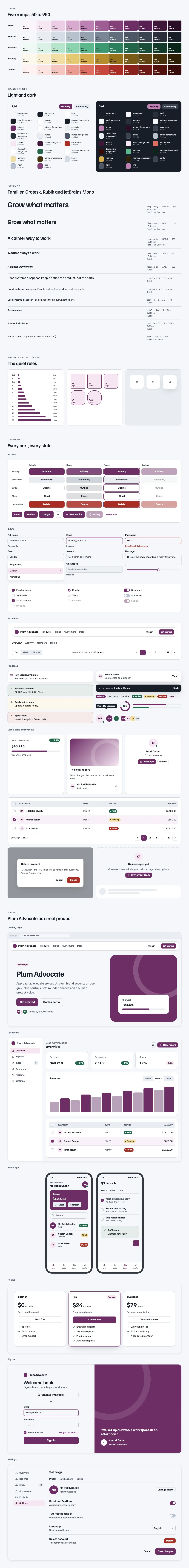 Plum Advocate full preview: colour ramps, light and dark tokens, type scale, components in every state and six product screens