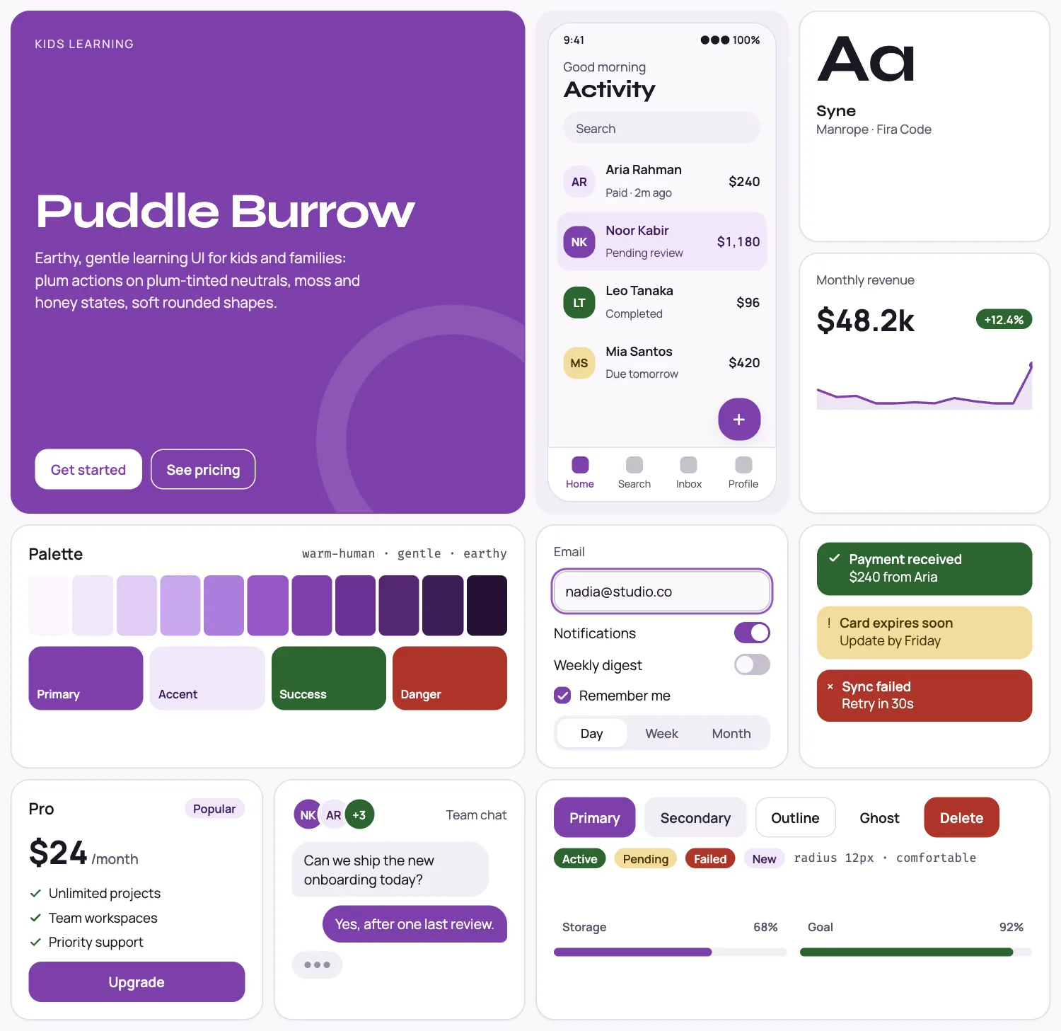 Puddle Burrow across ten UI tiles: hero, phone screen, type, chart, palette, form, alerts, pricing, chat and buttons