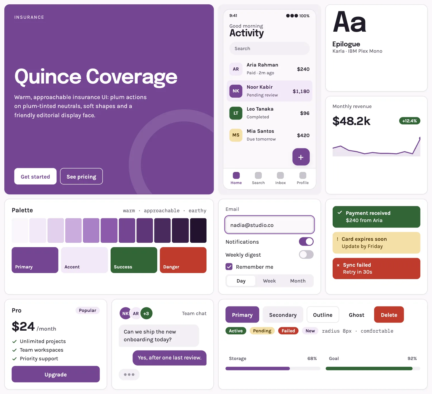 Quince Coverage across ten UI tiles: hero, phone screen, type, chart, palette, form, alerts, pricing, chat and buttons