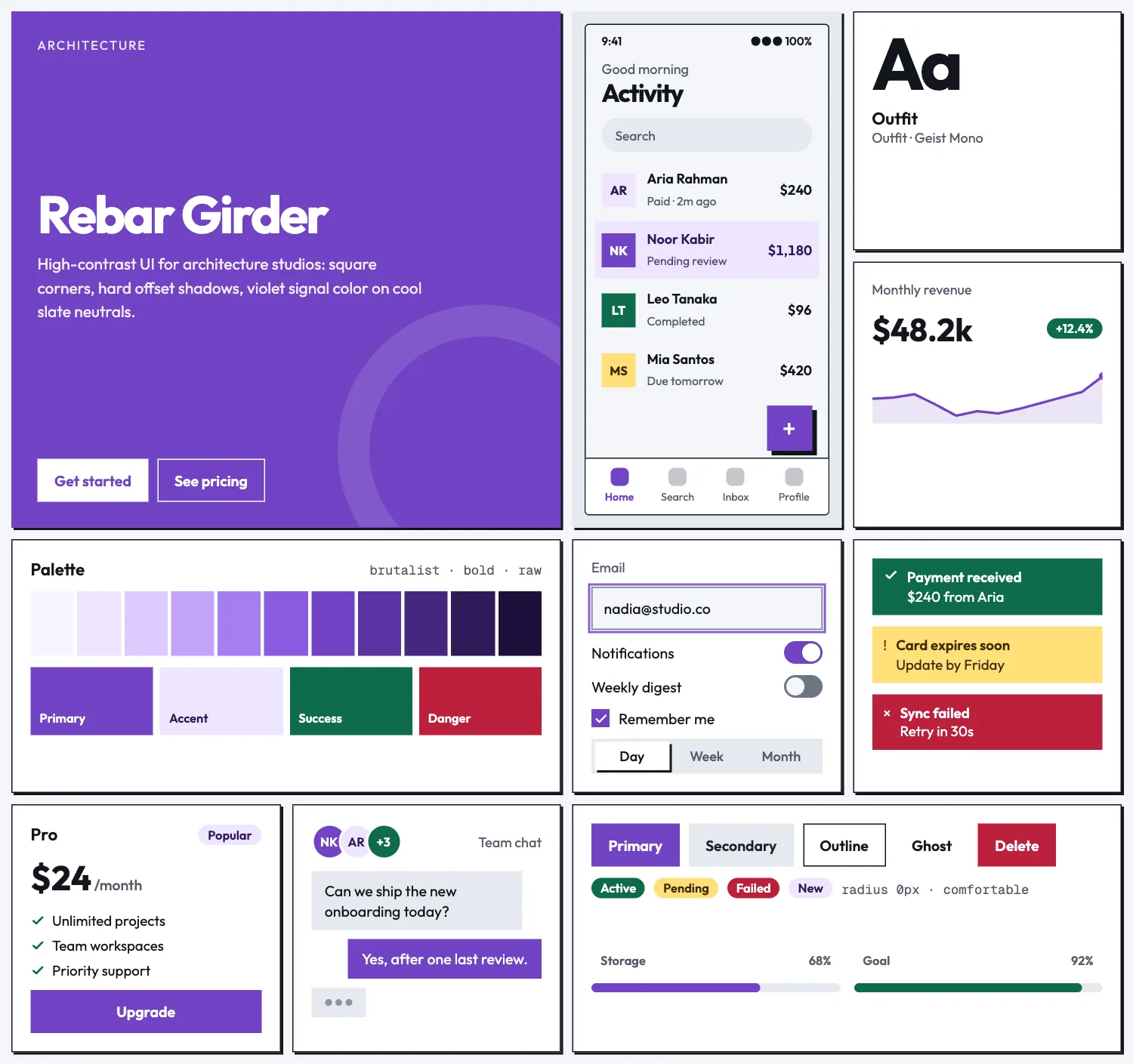 Rebar Girder across ten UI tiles: hero, phone screen, type, chart, palette, form, alerts, pricing, chat and buttons