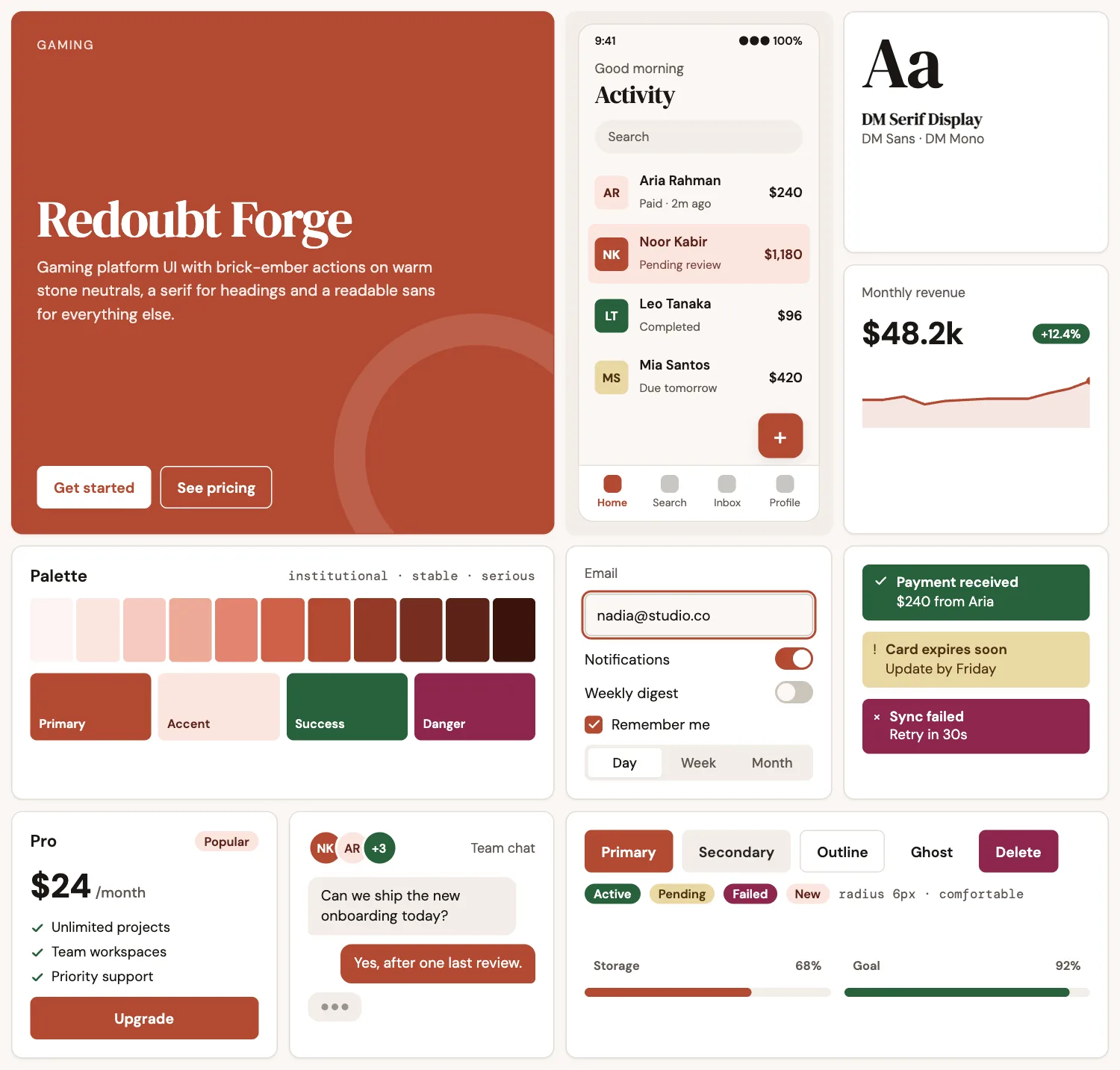 Redoubt Forge across ten UI tiles: hero, phone screen, type, chart, palette, form, alerts, pricing, chat and buttons