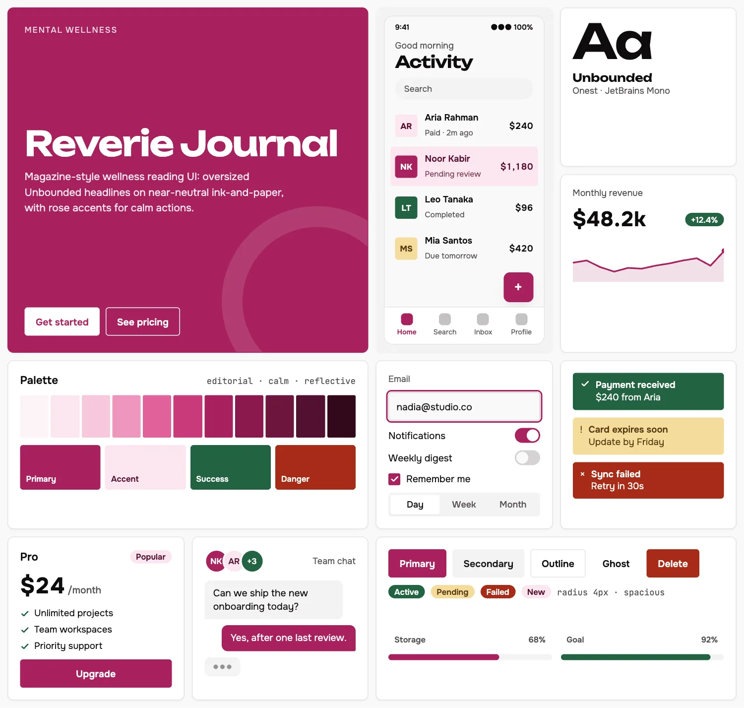 Reverie Journal across ten UI tiles: hero, phone screen, type, chart, palette, form, alerts, pricing, chat and buttons