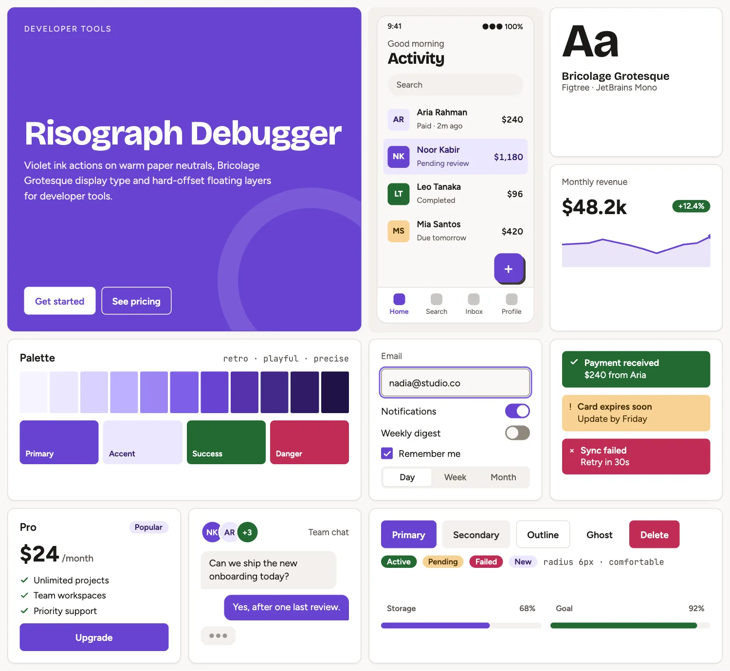 Risograph Debugger across ten UI tiles: hero, phone screen, type, chart, palette, form, alerts, pricing, chat and buttons