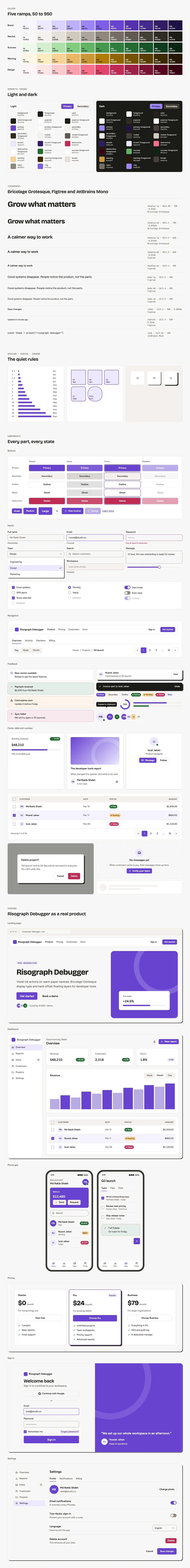 Risograph Debugger full preview: colour ramps, light and dark tokens, type scale, components in every state and six product screens