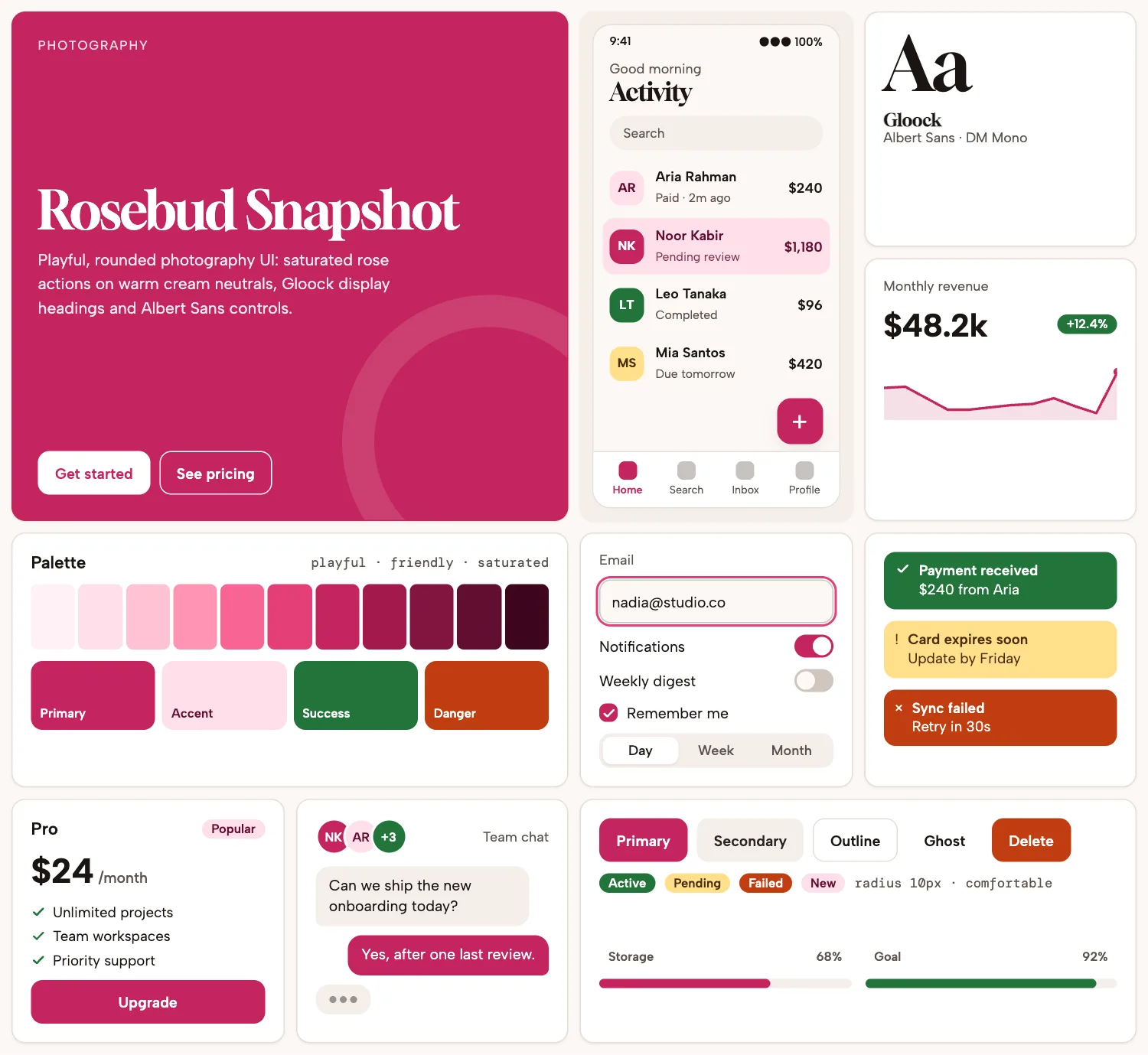 Rosebud Snapshot across ten UI tiles: hero, phone screen, type, chart, palette, form, alerts, pricing, chat and buttons