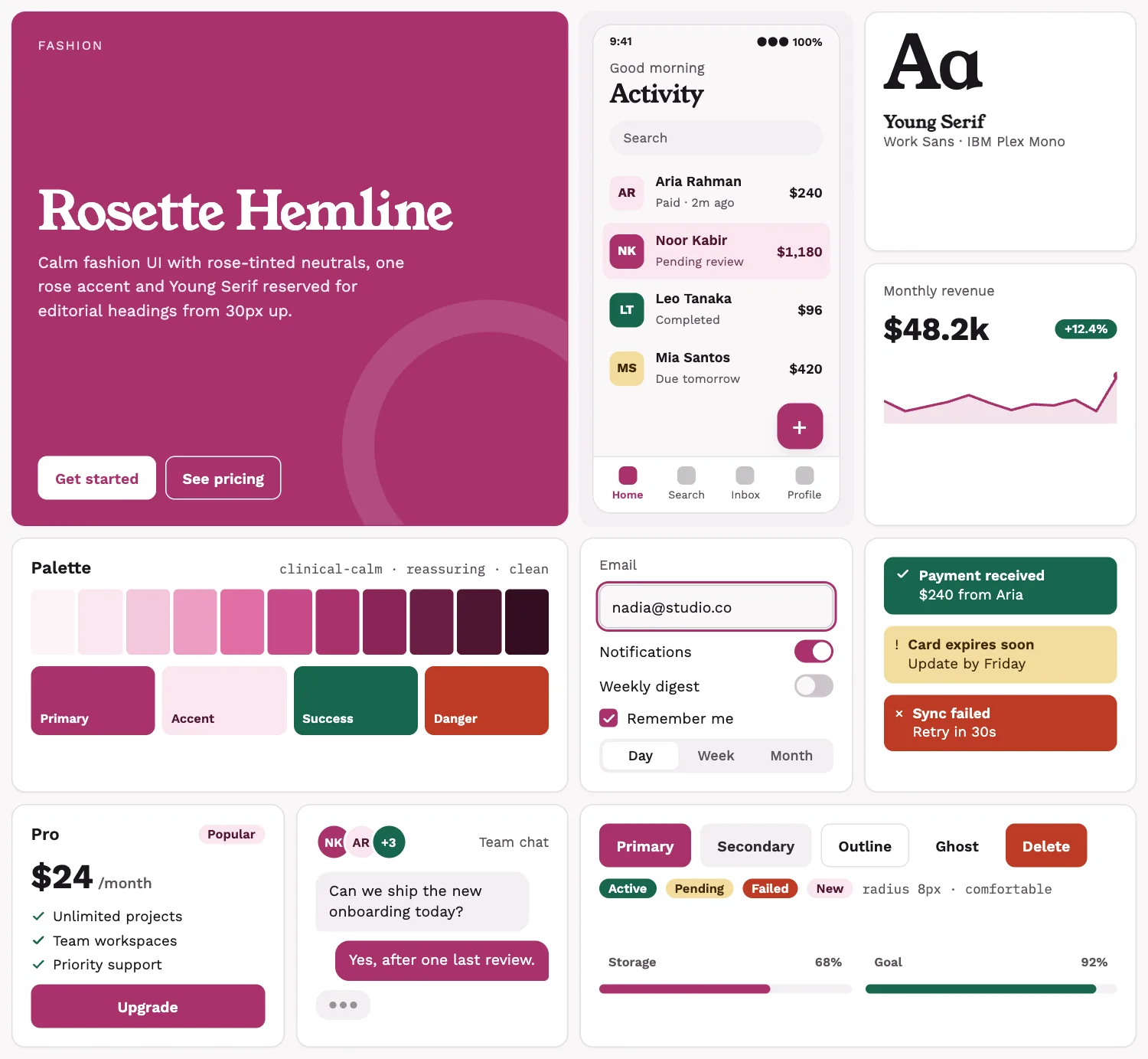 Rosette Hemline across ten UI tiles: hero, phone screen, type, chart, palette, form, alerts, pricing, chat and buttons