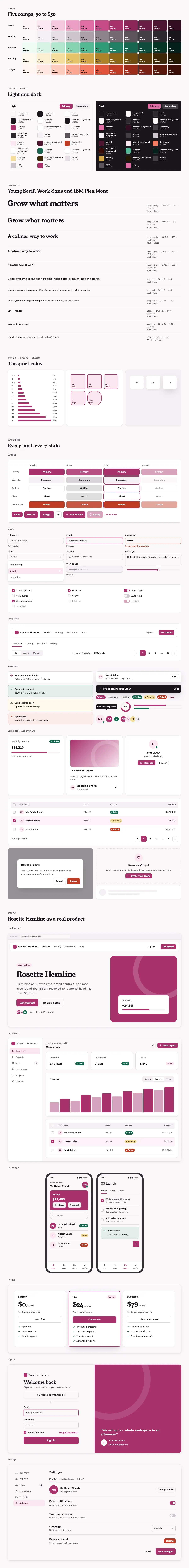 Rosette Hemline full preview: colour ramps, light and dark tokens, type scale, components in every state and six product screens