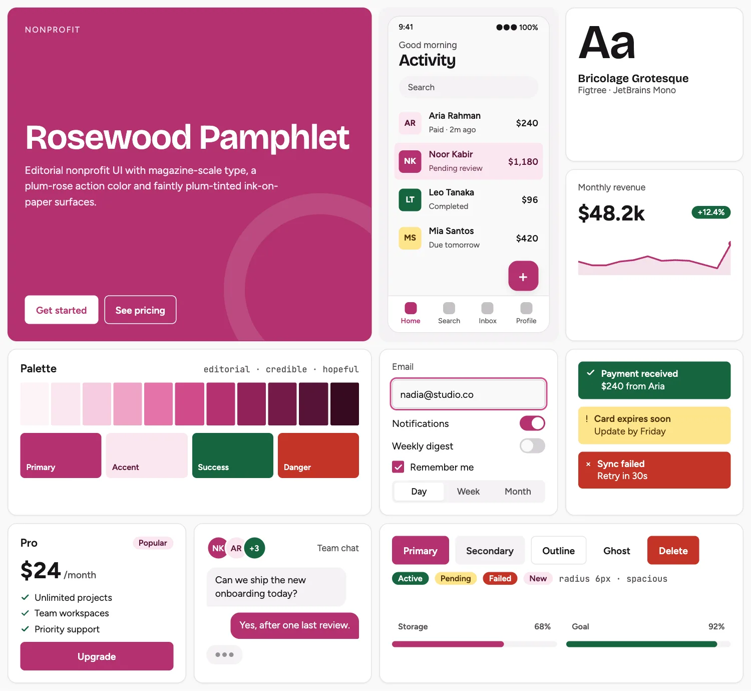 Rosewood Pamphlet across ten UI tiles: hero, phone screen, type, chart, palette, form, alerts, pricing, chat and buttons