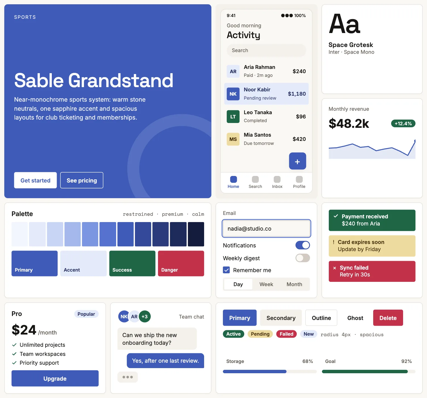 Sable Grandstand across ten UI tiles: hero, phone screen, type, chart, palette, form, alerts, pricing, chat and buttons