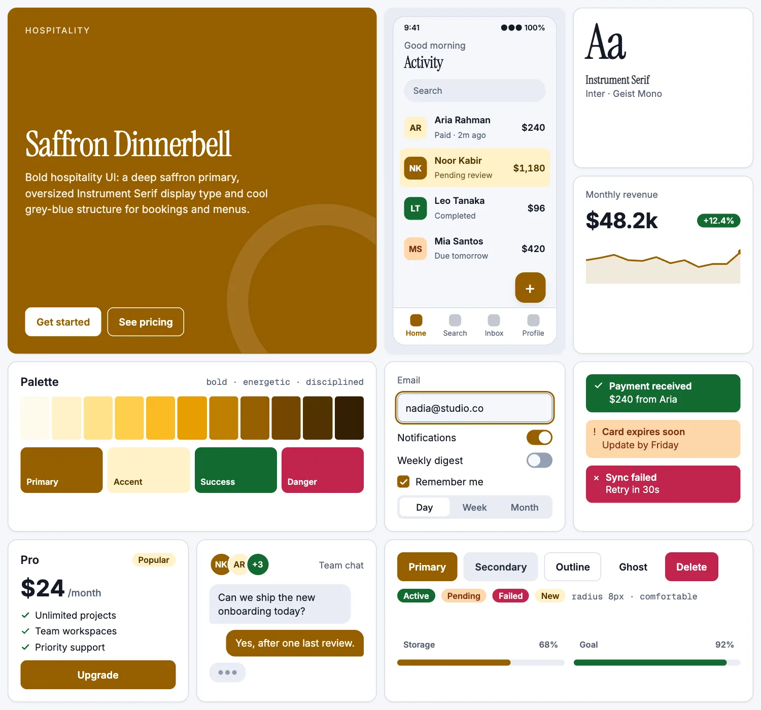 Saffron Dinnerbell across ten UI tiles: hero, phone screen, type, chart, palette, form, alerts, pricing, chat and buttons