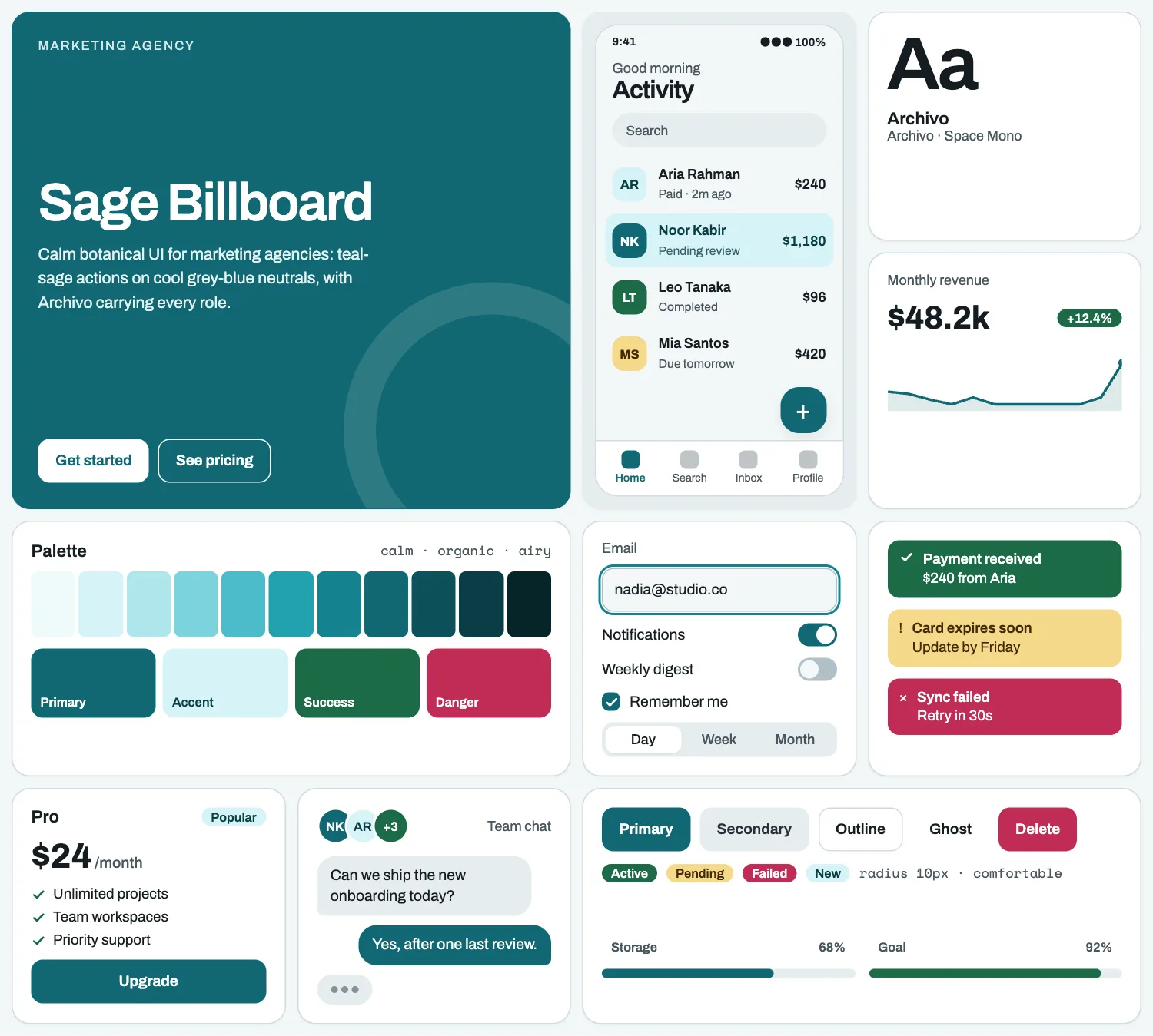 Sage Billboard across ten UI tiles: hero, phone screen, type, chart, palette, form, alerts, pricing, chat and buttons