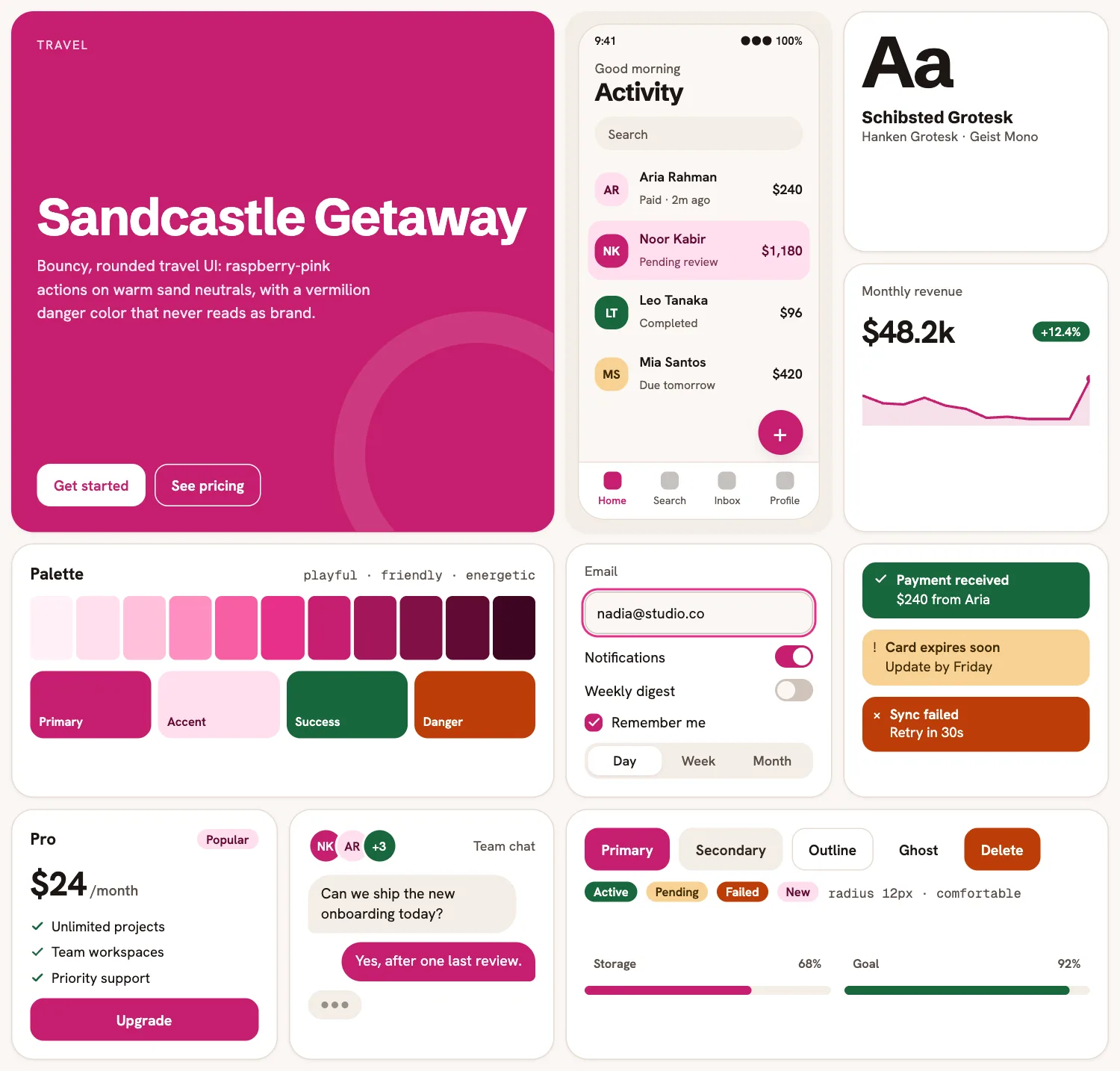 Sandcastle Getaway across ten UI tiles: hero, phone screen, type, chart, palette, form, alerts, pricing, chat and buttons