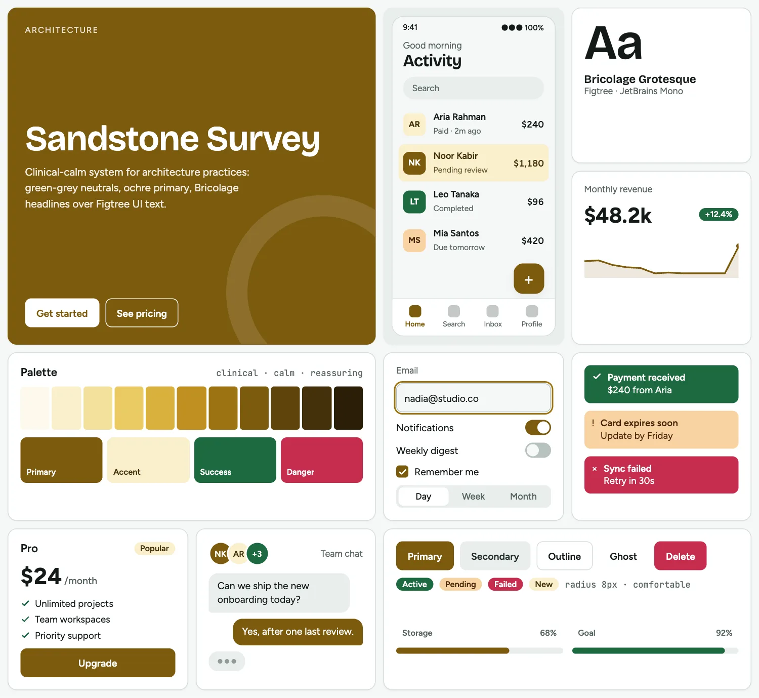Sandstone Survey across ten UI tiles: hero, phone screen, type, chart, palette, form, alerts, pricing, chat and buttons