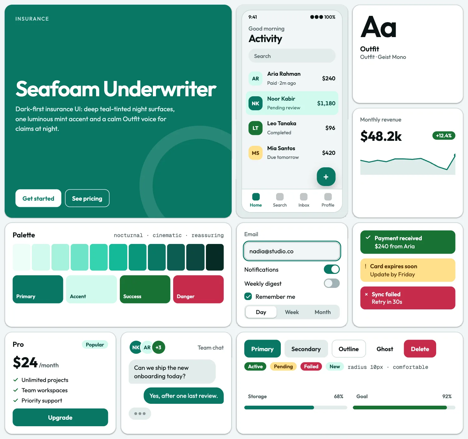 Seafoam Underwriter across ten UI tiles: hero, phone screen, type, chart, palette, form, alerts, pricing, chat and buttons