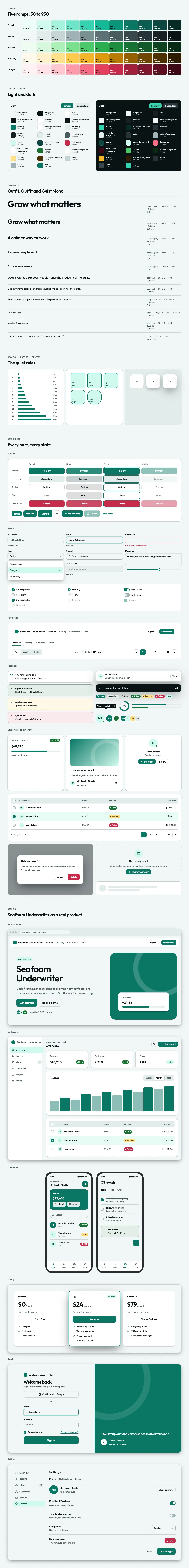 Seafoam Underwriter full preview: colour ramps, light and dark tokens, type scale, components in every state and six product screens