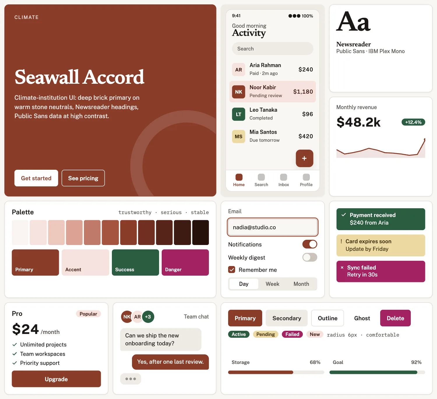 Seawall Accord across ten UI tiles: hero, phone screen, type, chart, palette, form, alerts, pricing, chat and buttons