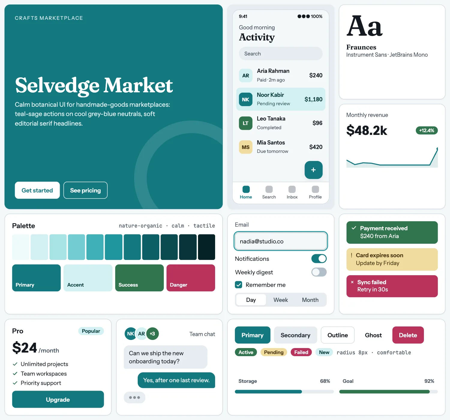Selvedge Market across ten UI tiles: hero, phone screen, type, chart, palette, form, alerts, pricing, chat and buttons