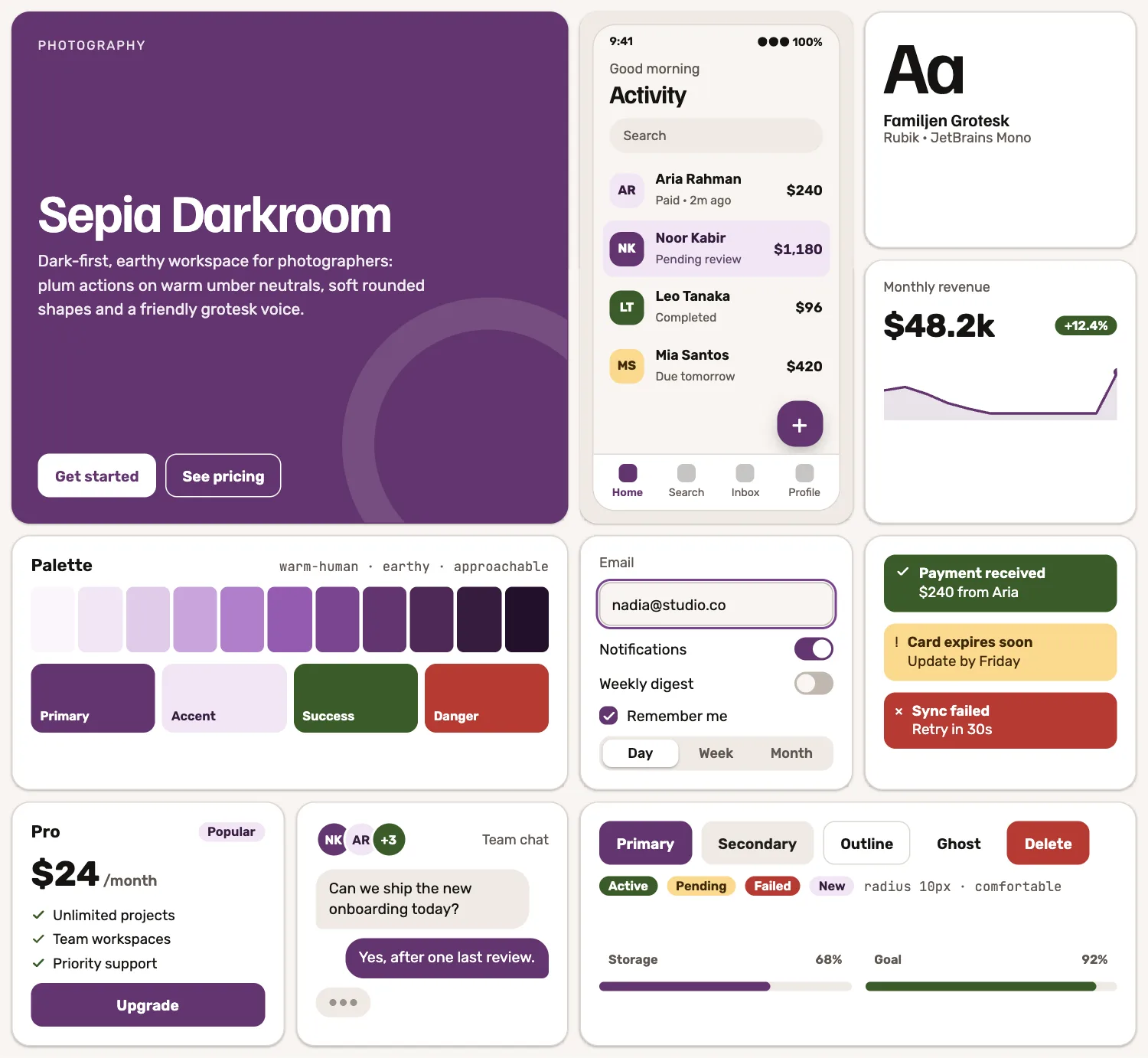 Sepia Darkroom across ten UI tiles: hero, phone screen, type, chart, palette, form, alerts, pricing, chat and buttons
