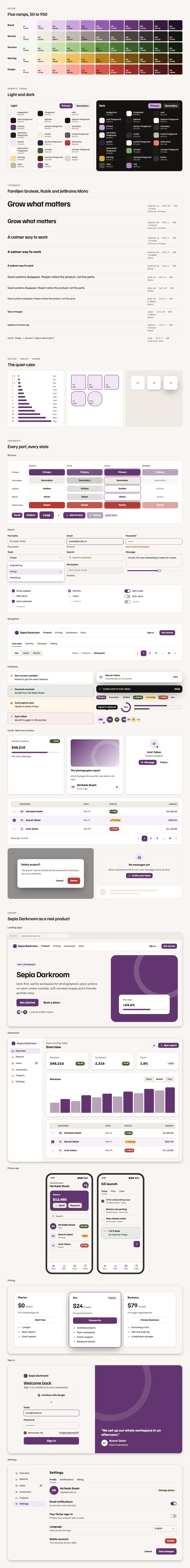 Sepia Darkroom full preview: colour ramps, light and dark tokens, type scale, components in every state and six product screens