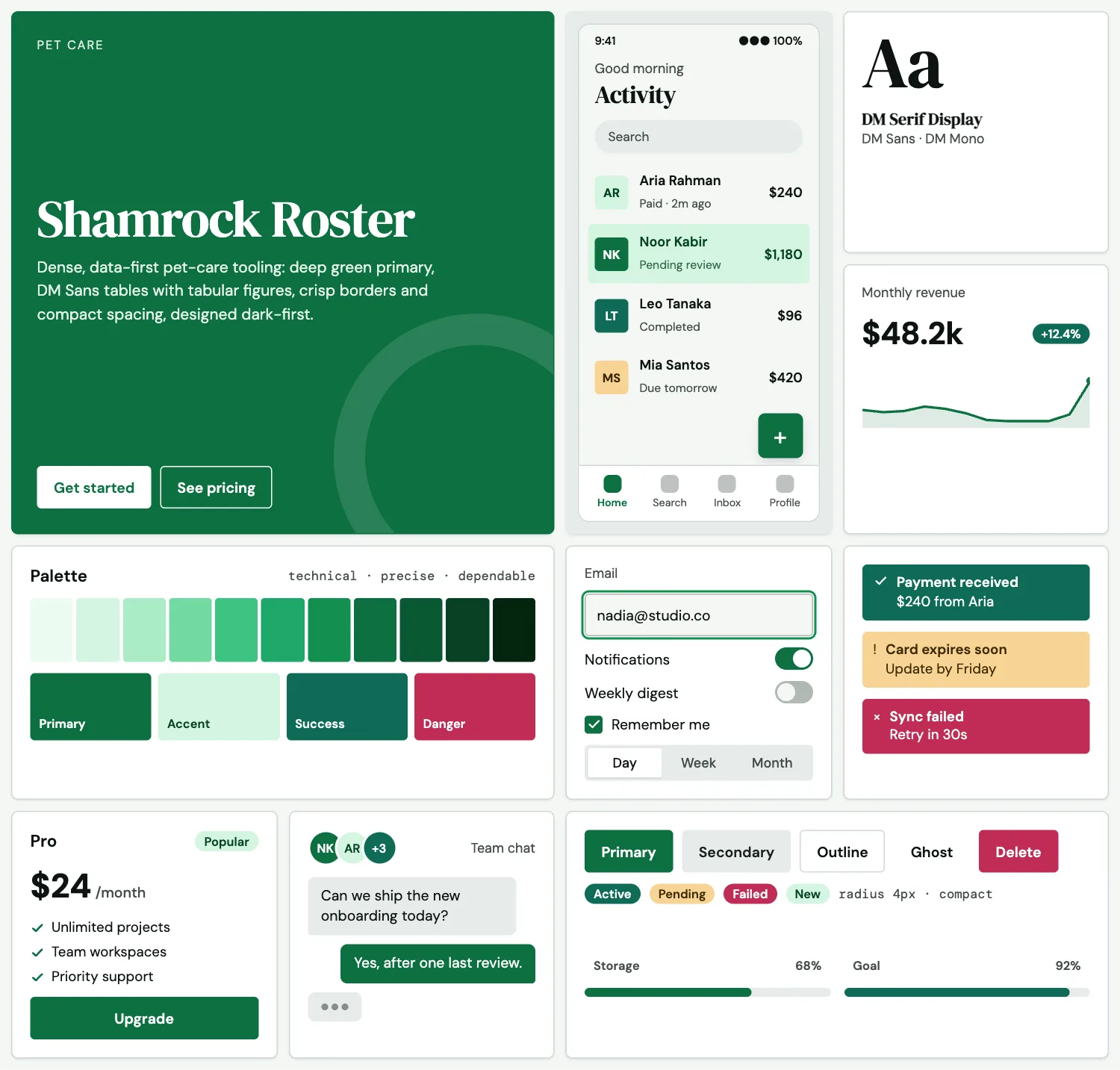 Shamrock Roster across ten UI tiles: hero, phone screen, type, chart, palette, form, alerts, pricing, chat and buttons