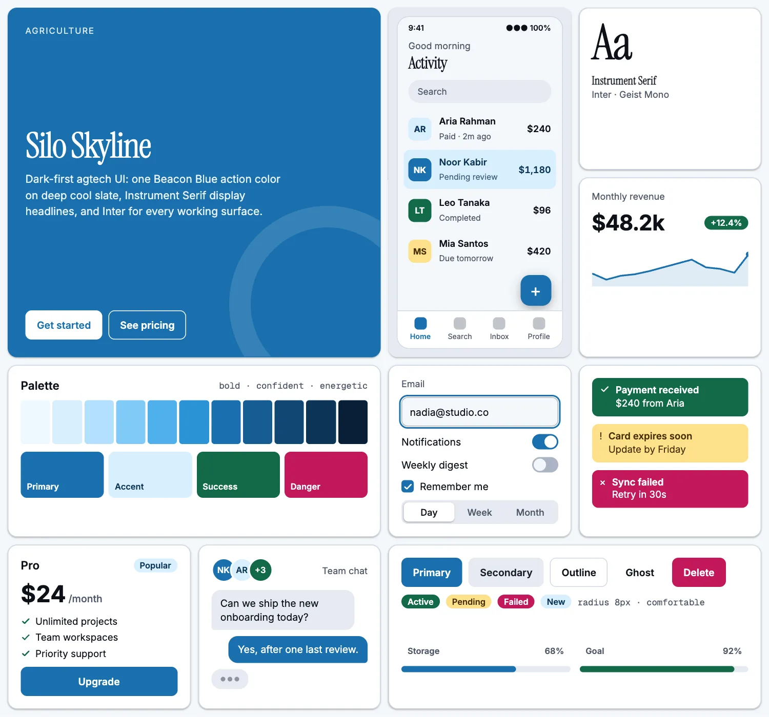 Silo Skyline across ten UI tiles: hero, phone screen, type, chart, palette, form, alerts, pricing, chat and buttons
