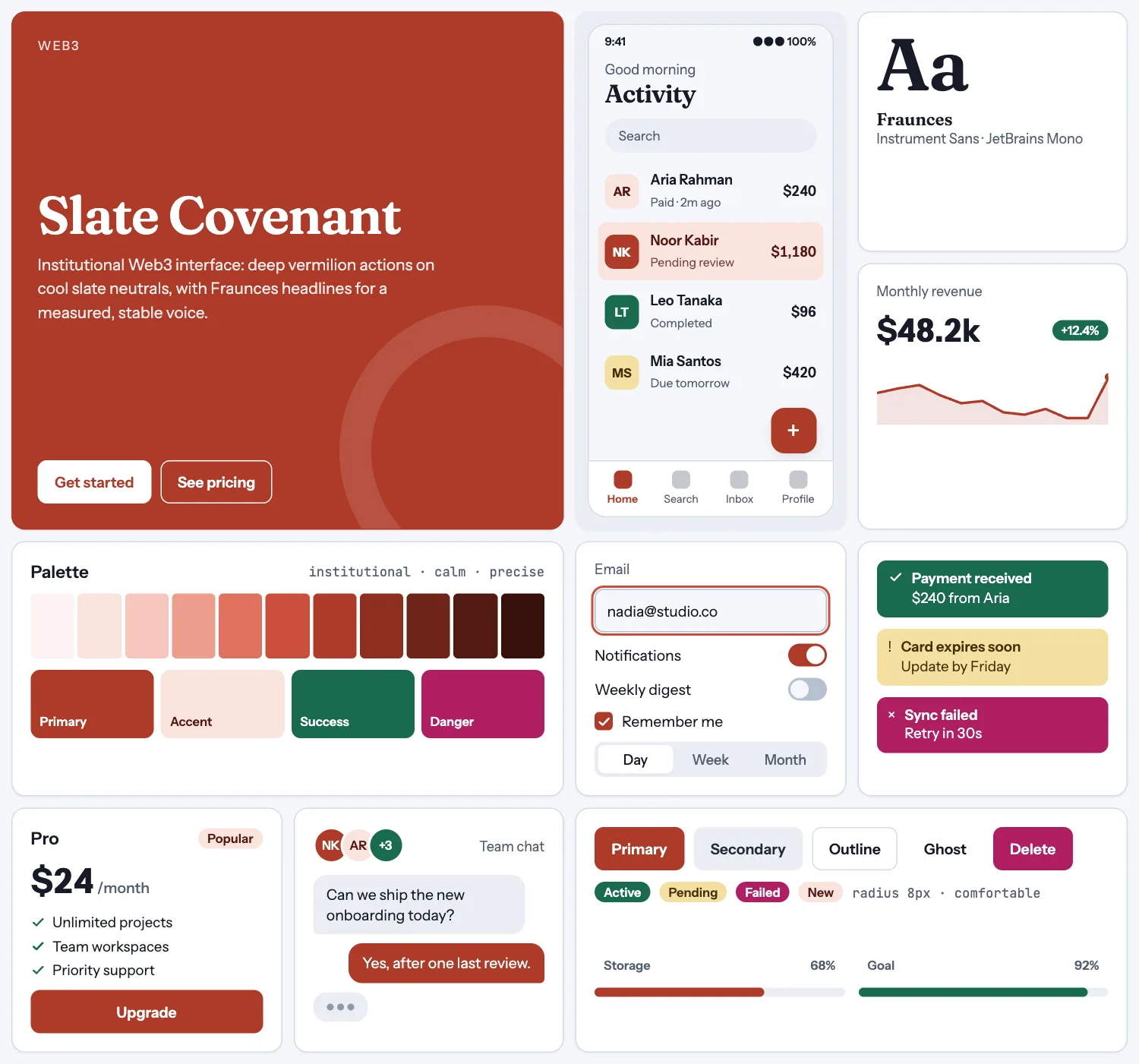 Slate Covenant across ten UI tiles: hero, phone screen, type, chart, palette, form, alerts, pricing, chat and buttons