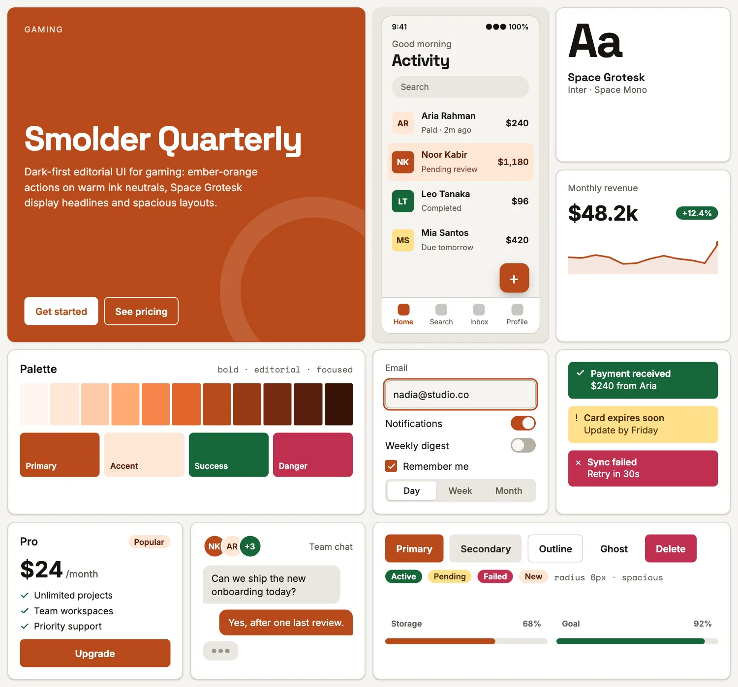 Smolder Quarterly across ten UI tiles: hero, phone screen, type, chart, palette, form, alerts, pricing, chat and buttons