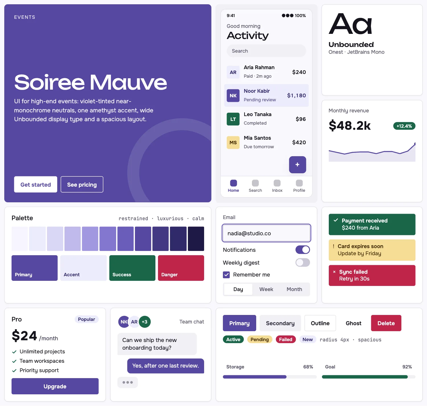 Soiree Mauve across ten UI tiles: hero, phone screen, type, chart, palette, form, alerts, pricing, chat and buttons