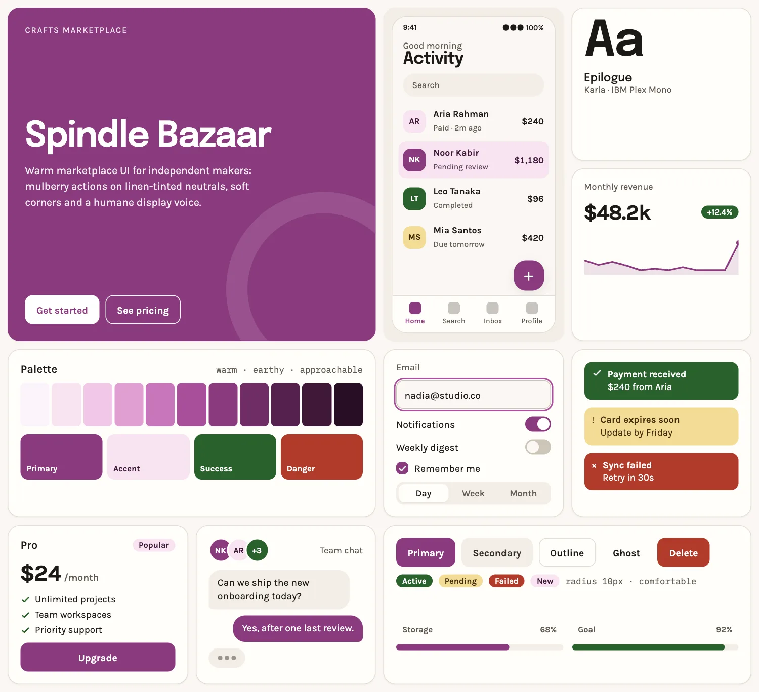 Spindle Bazaar across ten UI tiles: hero, phone screen, type, chart, palette, form, alerts, pricing, chat and buttons