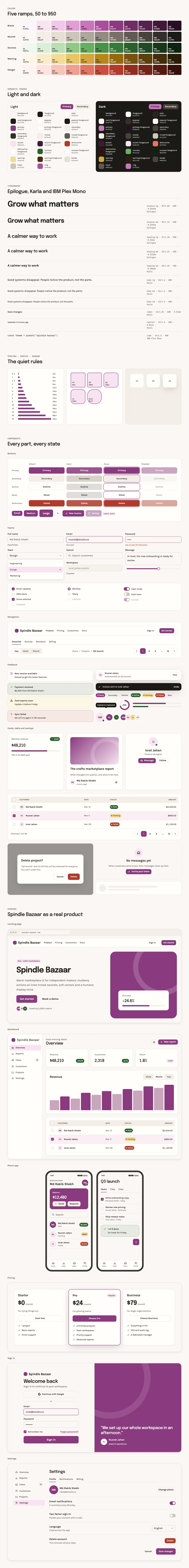 Spindle Bazaar full preview: colour ramps, light and dark tokens, type scale, components in every state and six product screens