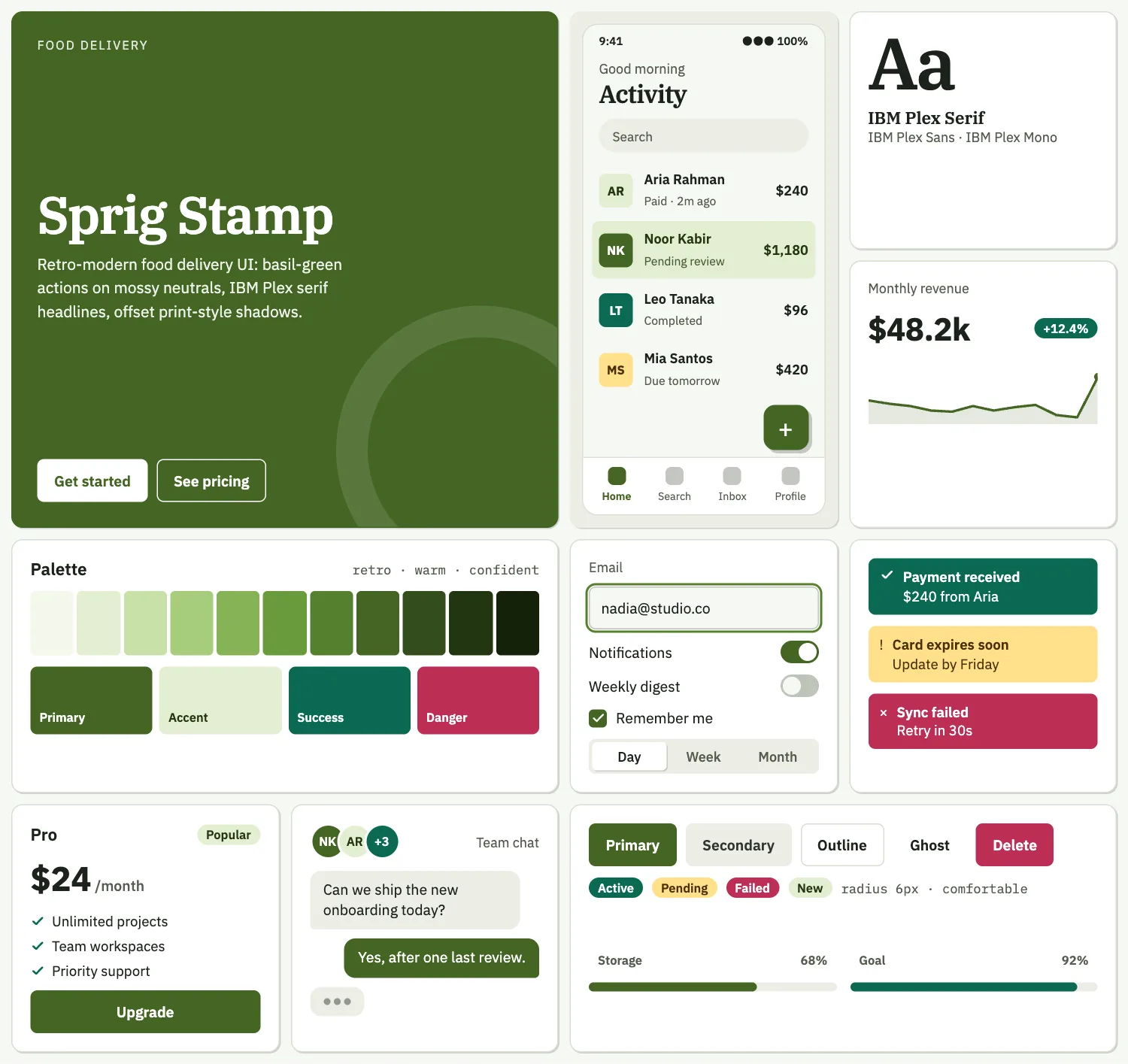 Sprig Stamp across ten UI tiles: hero, phone screen, type, chart, palette, form, alerts, pricing, chat and buttons
