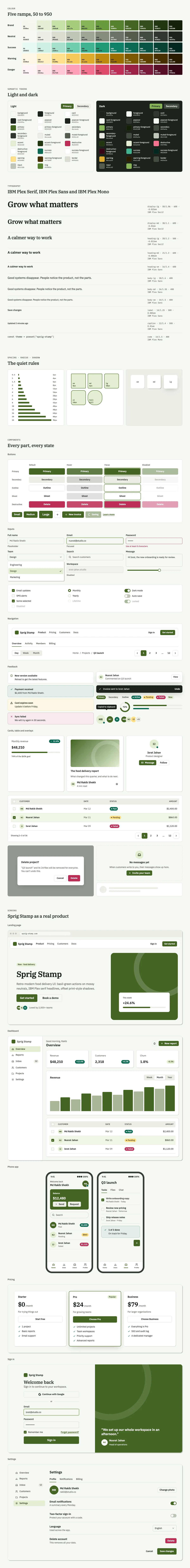 Sprig Stamp full preview: colour ramps, light and dark tokens, type scale, components in every state and six product screens