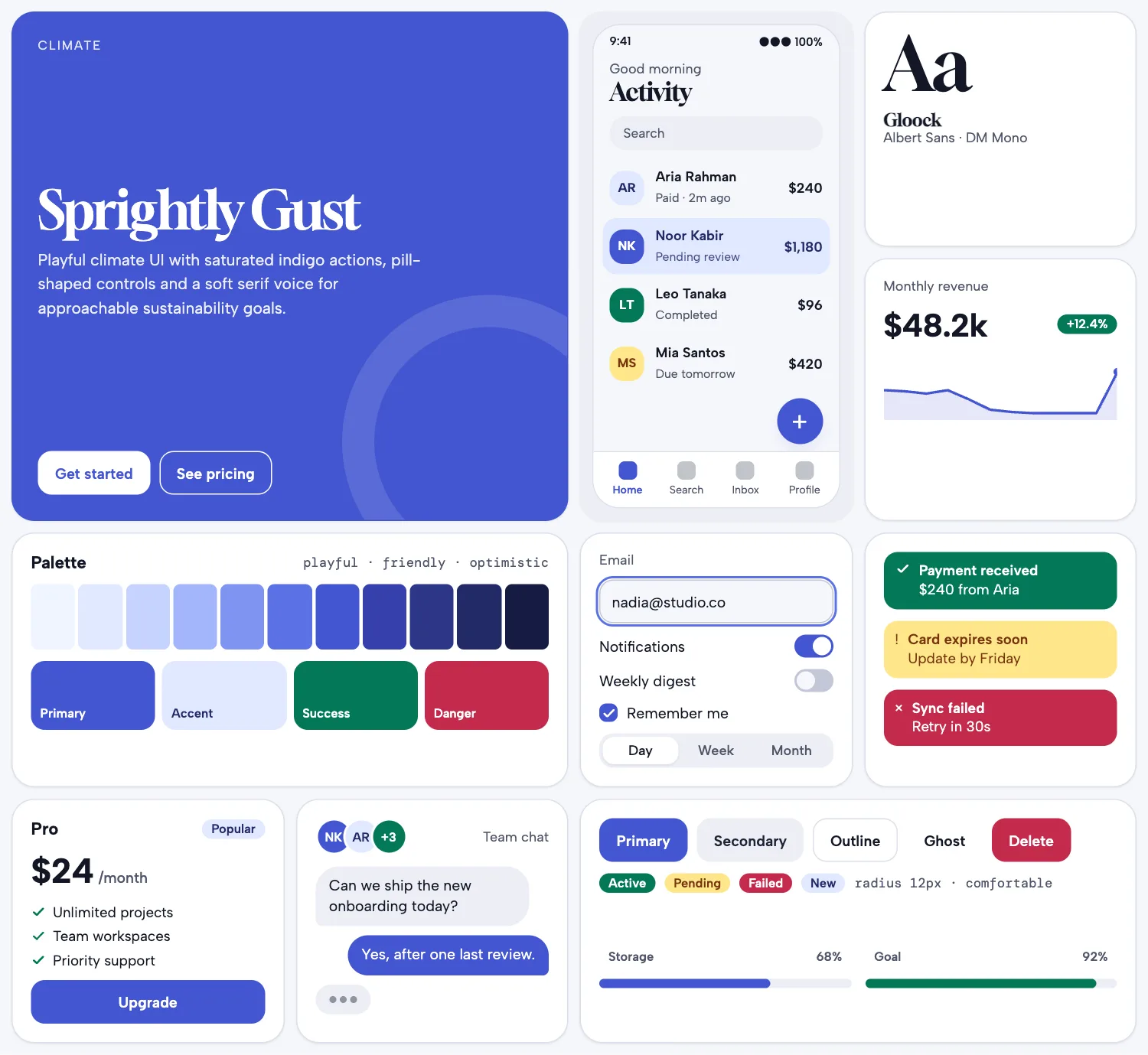 Sprightly Gust across ten UI tiles: hero, phone screen, type, chart, palette, form, alerts, pricing, chat and buttons