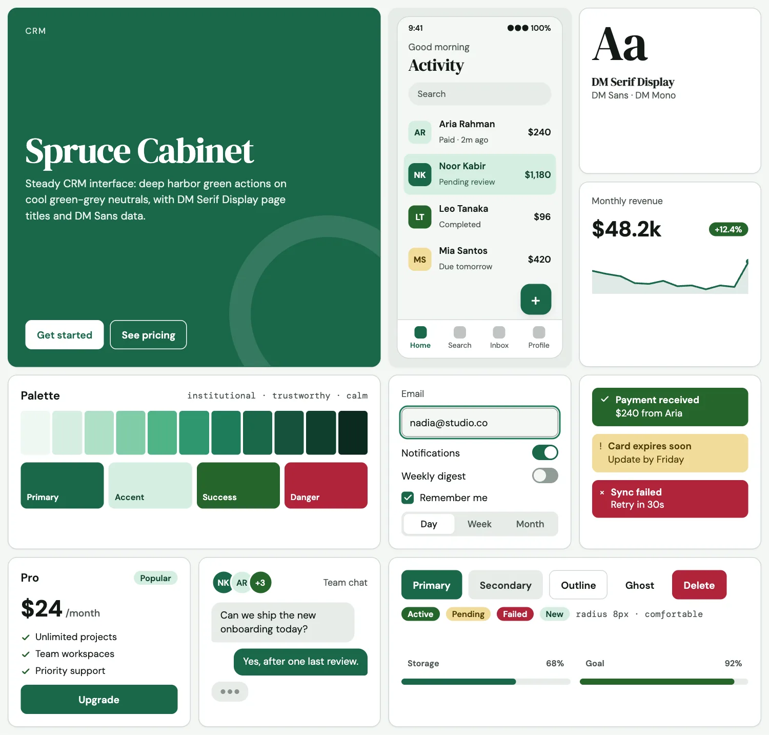 Spruce Cabinet across ten UI tiles: hero, phone screen, type, chart, palette, form, alerts, pricing, chat and buttons