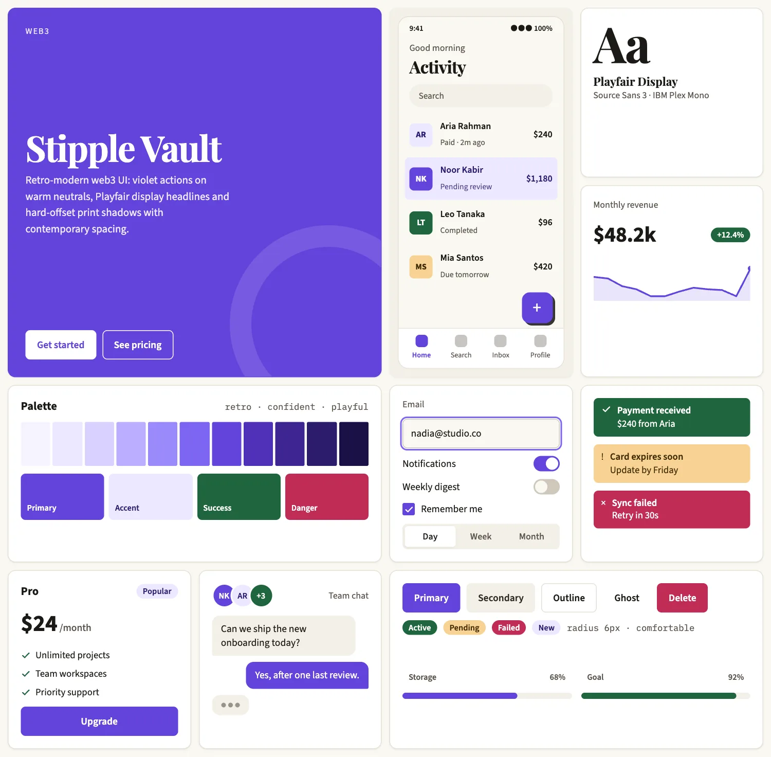 Stipple Vault across ten UI tiles: hero, phone screen, type, chart, palette, form, alerts, pricing, chat and buttons