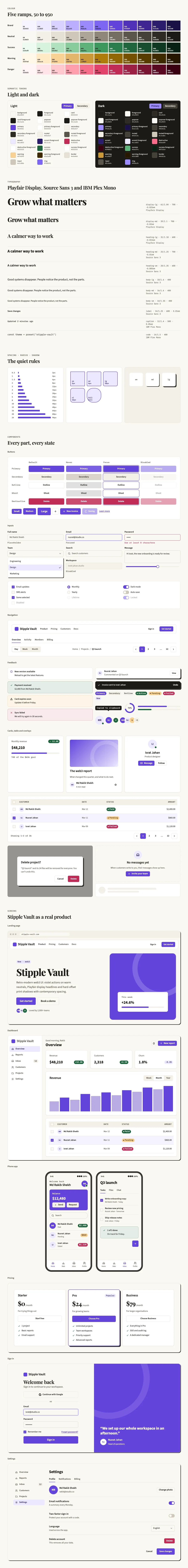 Stipple Vault full preview: colour ramps, light and dark tokens, type scale, components in every state and six product screens