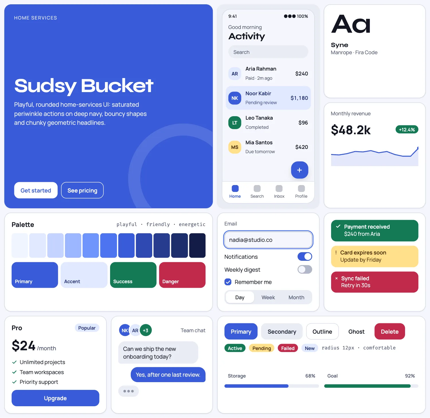 Sudsy Bucket across ten UI tiles: hero, phone screen, type, chart, palette, form, alerts, pricing, chat and buttons