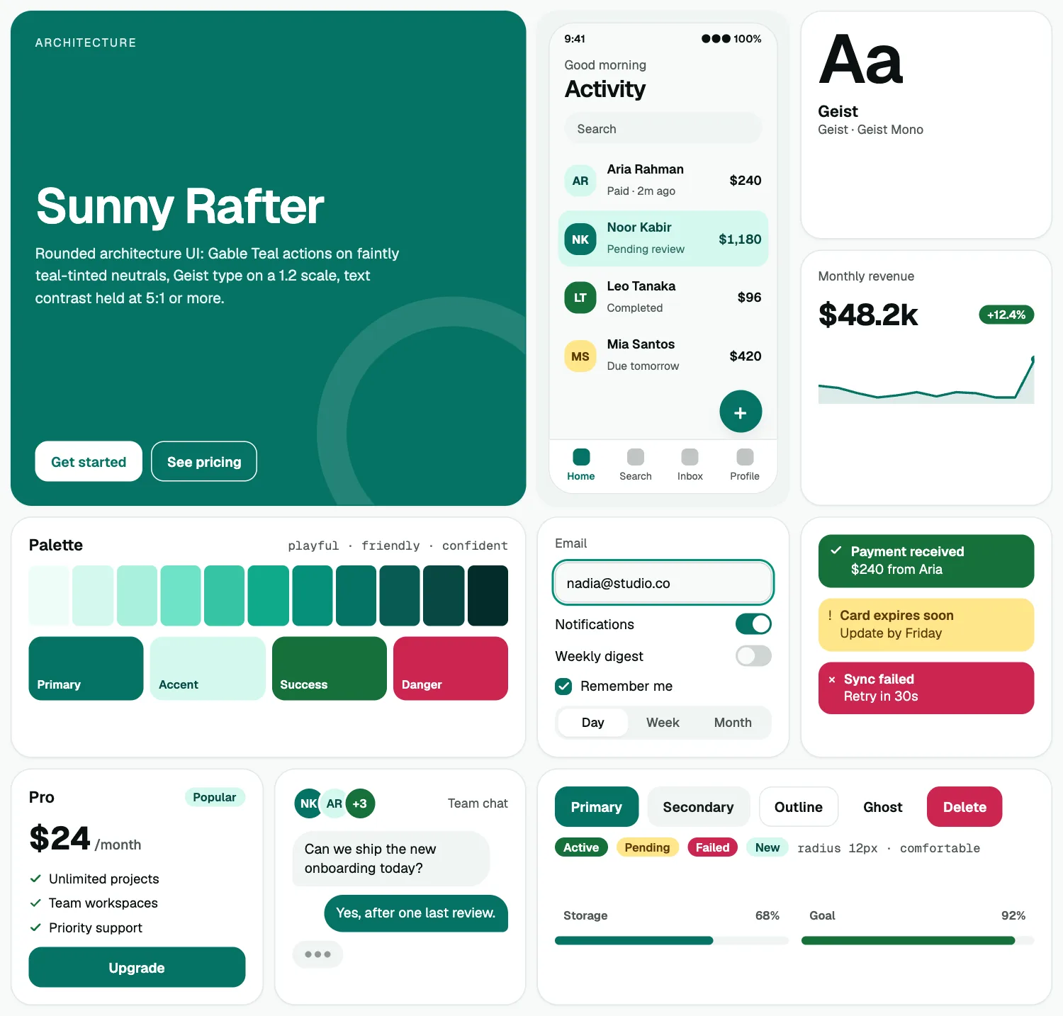 Sunny Rafter across ten UI tiles: hero, phone screen, type, chart, palette, form, alerts, pricing, chat and buttons