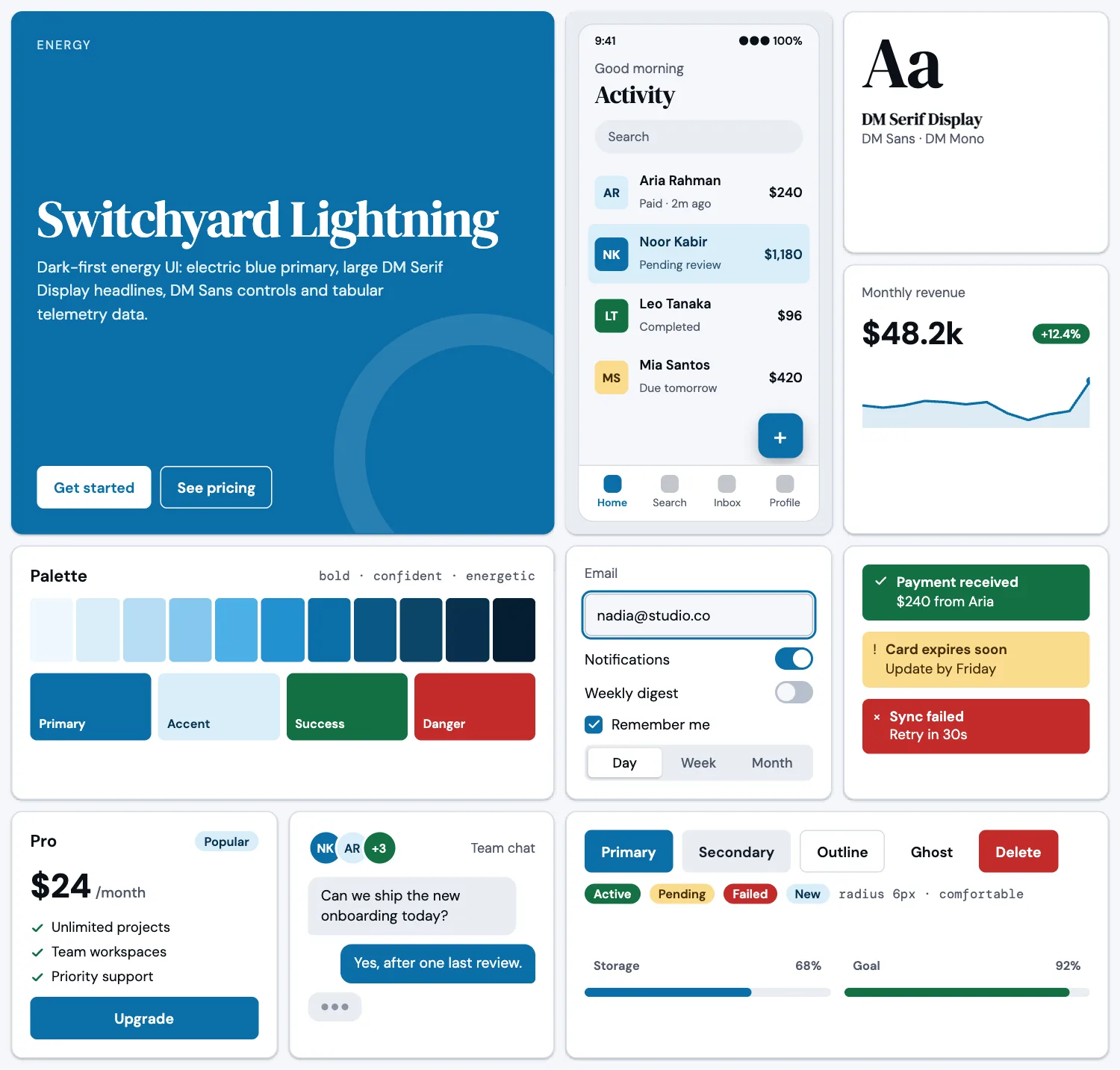 Switchyard Lightning across ten UI tiles: hero, phone screen, type, chart, palette, form, alerts, pricing, chat and buttons