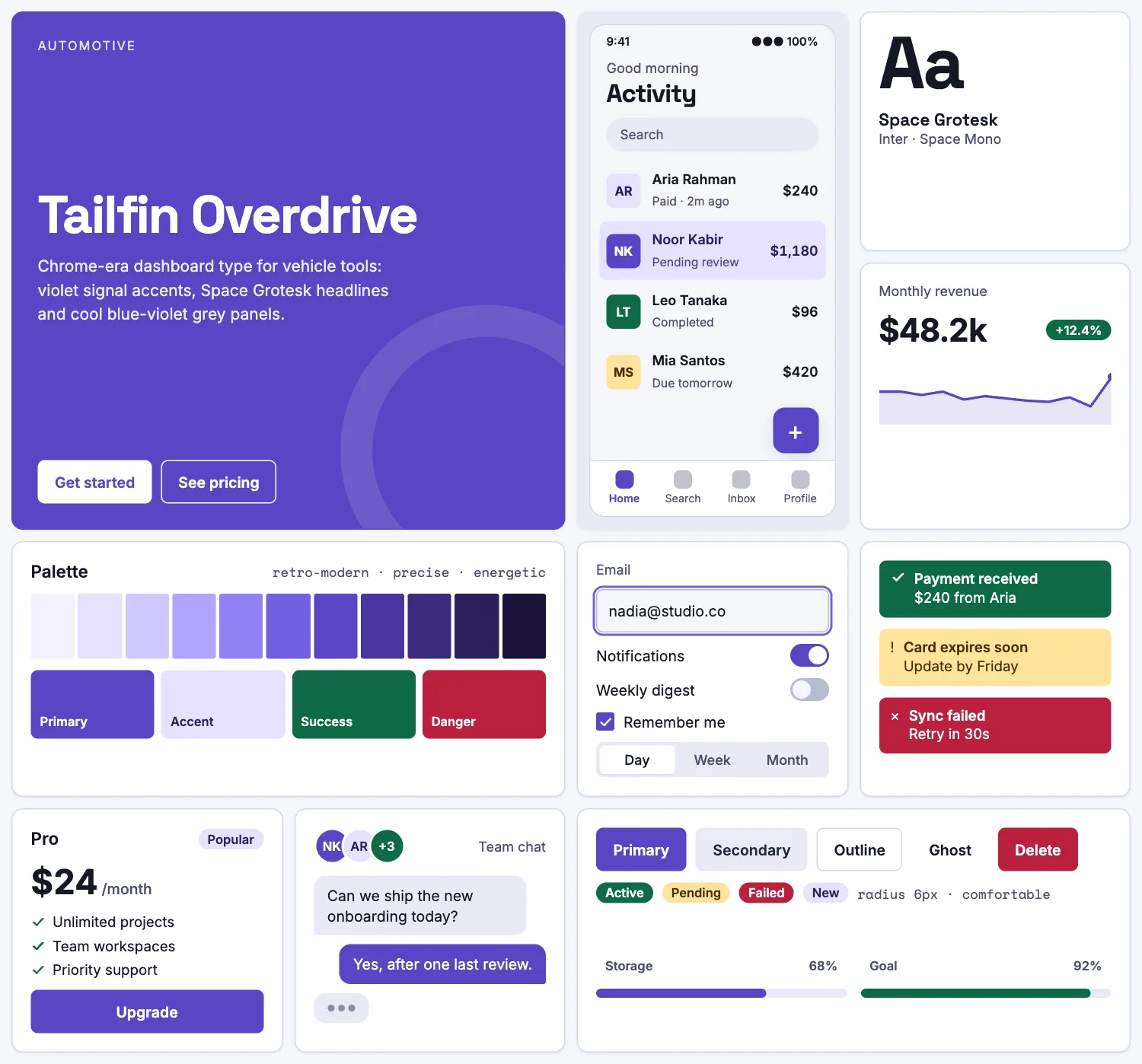 Tailfin Overdrive across ten UI tiles: hero, phone screen, type, chart, palette, form, alerts, pricing, chat and buttons