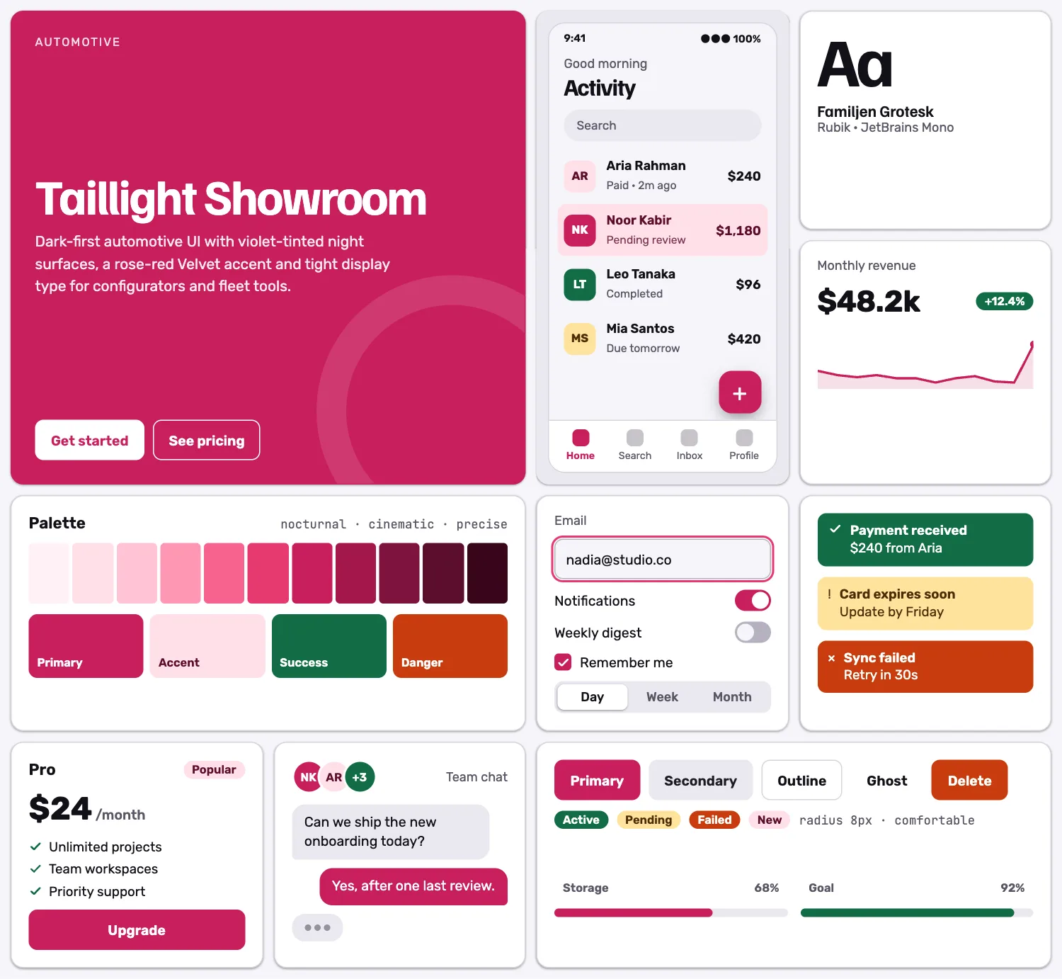 Taillight Showroom across ten UI tiles: hero, phone screen, type, chart, palette, form, alerts, pricing, chat and buttons