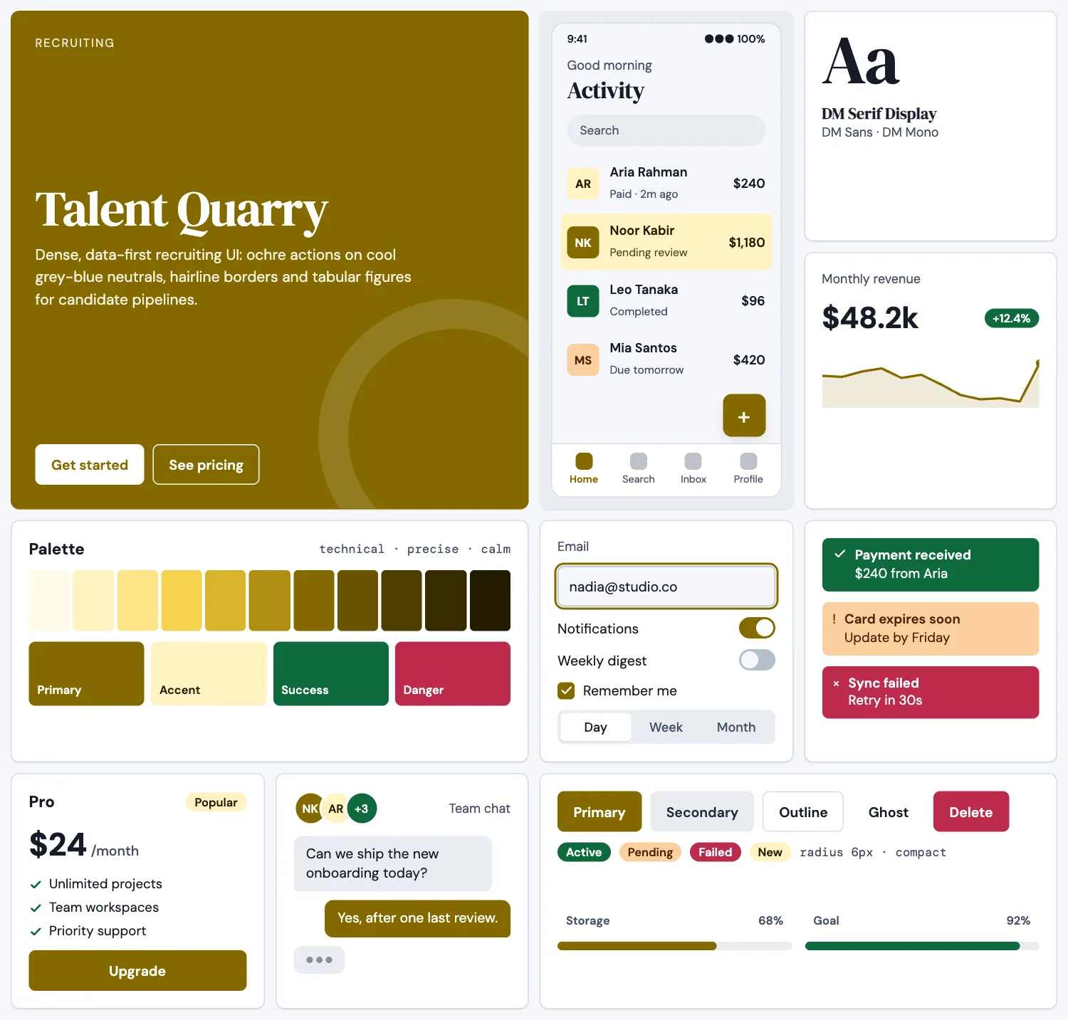 Talent Quarry across ten UI tiles: hero, phone screen, type, chart, palette, form, alerts, pricing, chat and buttons