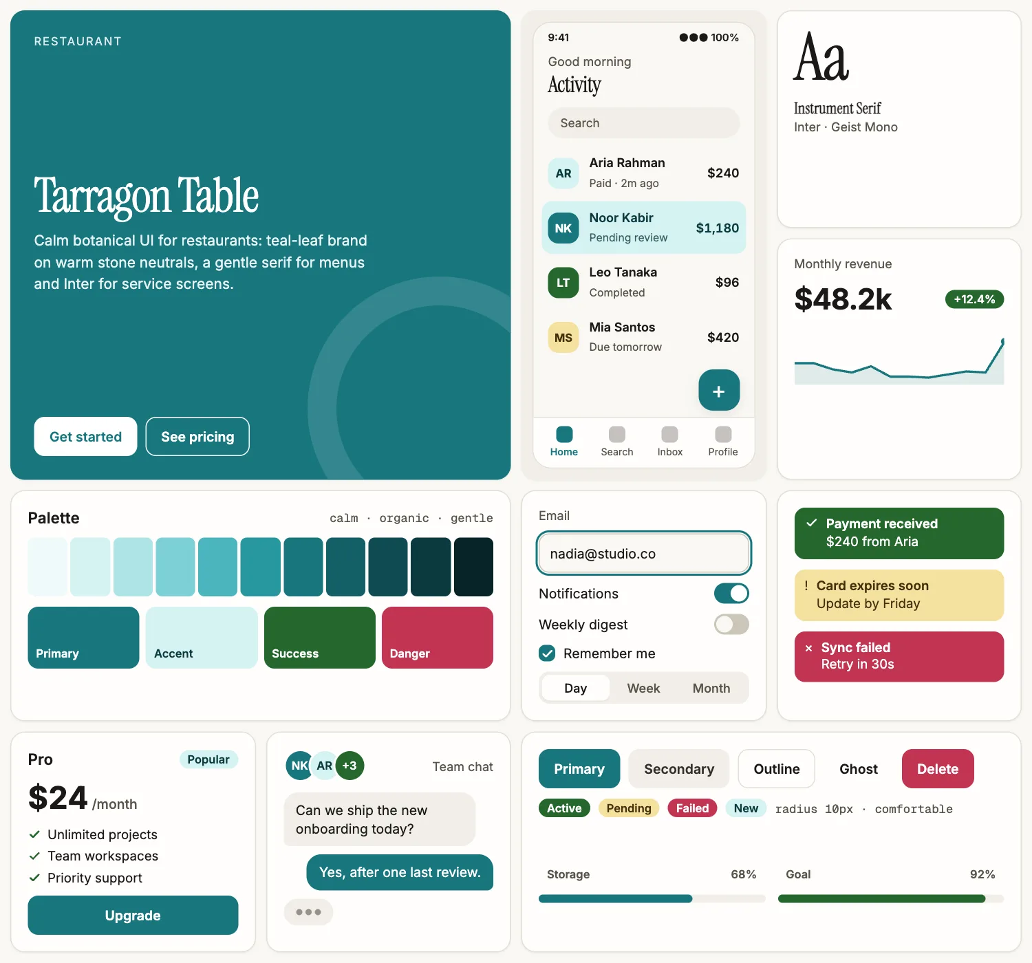 Tarragon Table across ten UI tiles: hero, phone screen, type, chart, palette, form, alerts, pricing, chat and buttons