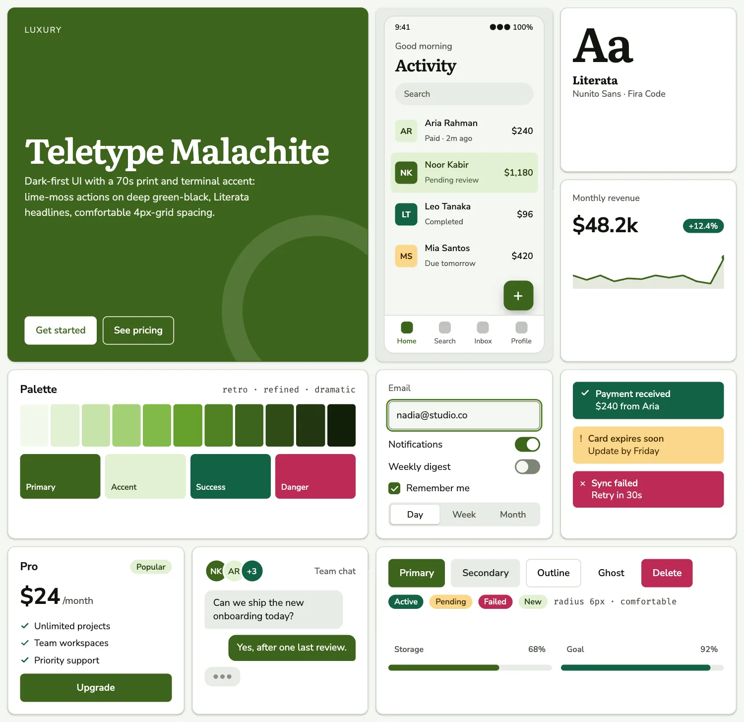 Teletype Malachite across ten UI tiles: hero, phone screen, type, chart, palette, form, alerts, pricing, chat and buttons