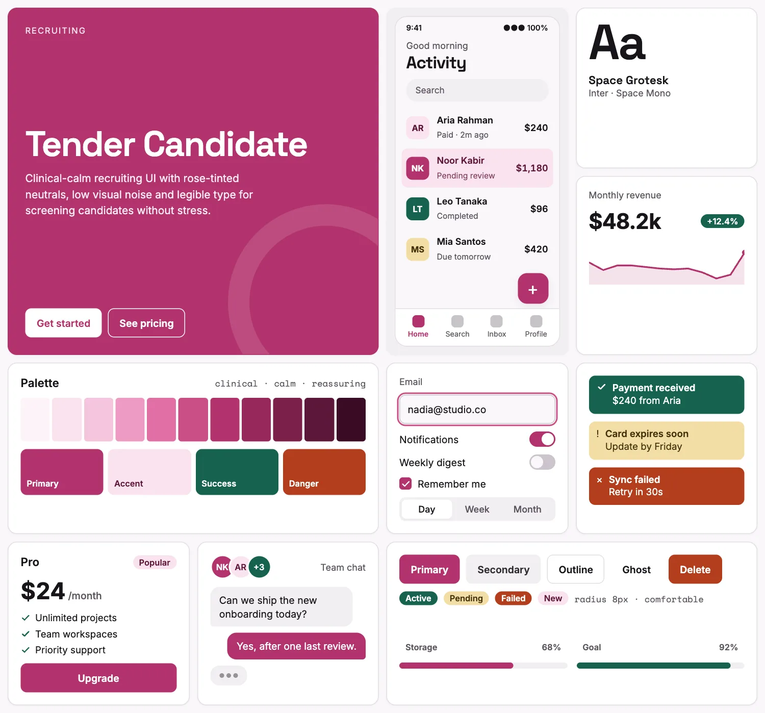 Tender Candidate across ten UI tiles: hero, phone screen, type, chart, palette, form, alerts, pricing, chat and buttons