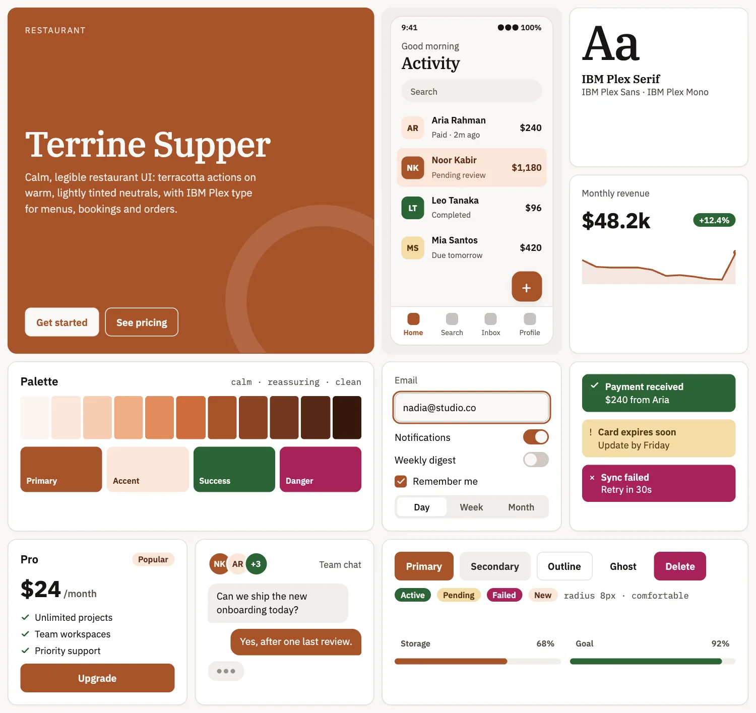 Terrine Supper across ten UI tiles: hero, phone screen, type, chart, palette, form, alerts, pricing, chat and buttons