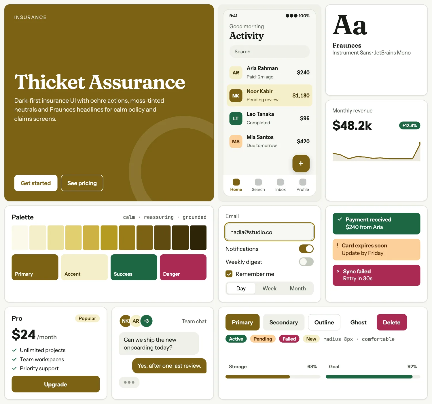 Thicket Assurance across ten UI tiles: hero, phone screen, type, chart, palette, form, alerts, pricing, chat and buttons