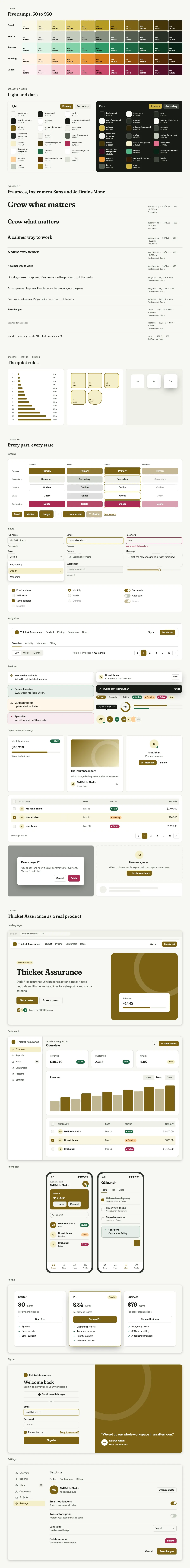 Thicket Assurance full preview: colour ramps, light and dark tokens, type scale, components in every state and six product screens