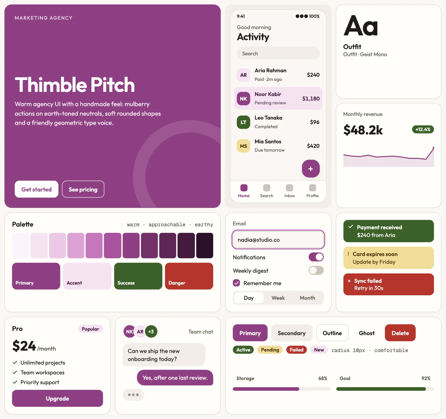 Thimble Pitch across ten UI tiles: hero, phone screen, type, chart, palette, form, alerts, pricing, chat and buttons